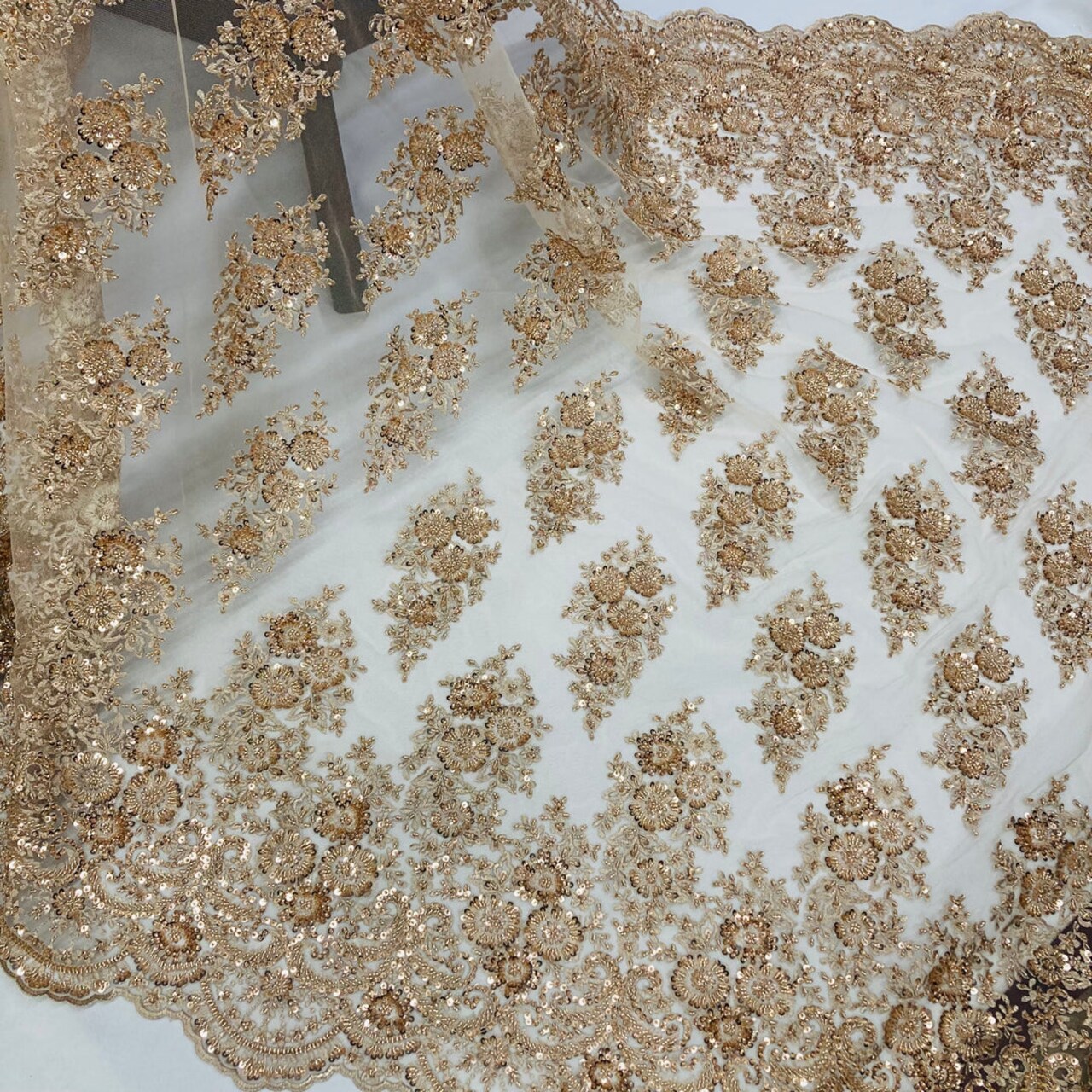 1 Yard Red Beaded Embroidered Lace Fabric on 100% Polyester Mesh, 50" Width